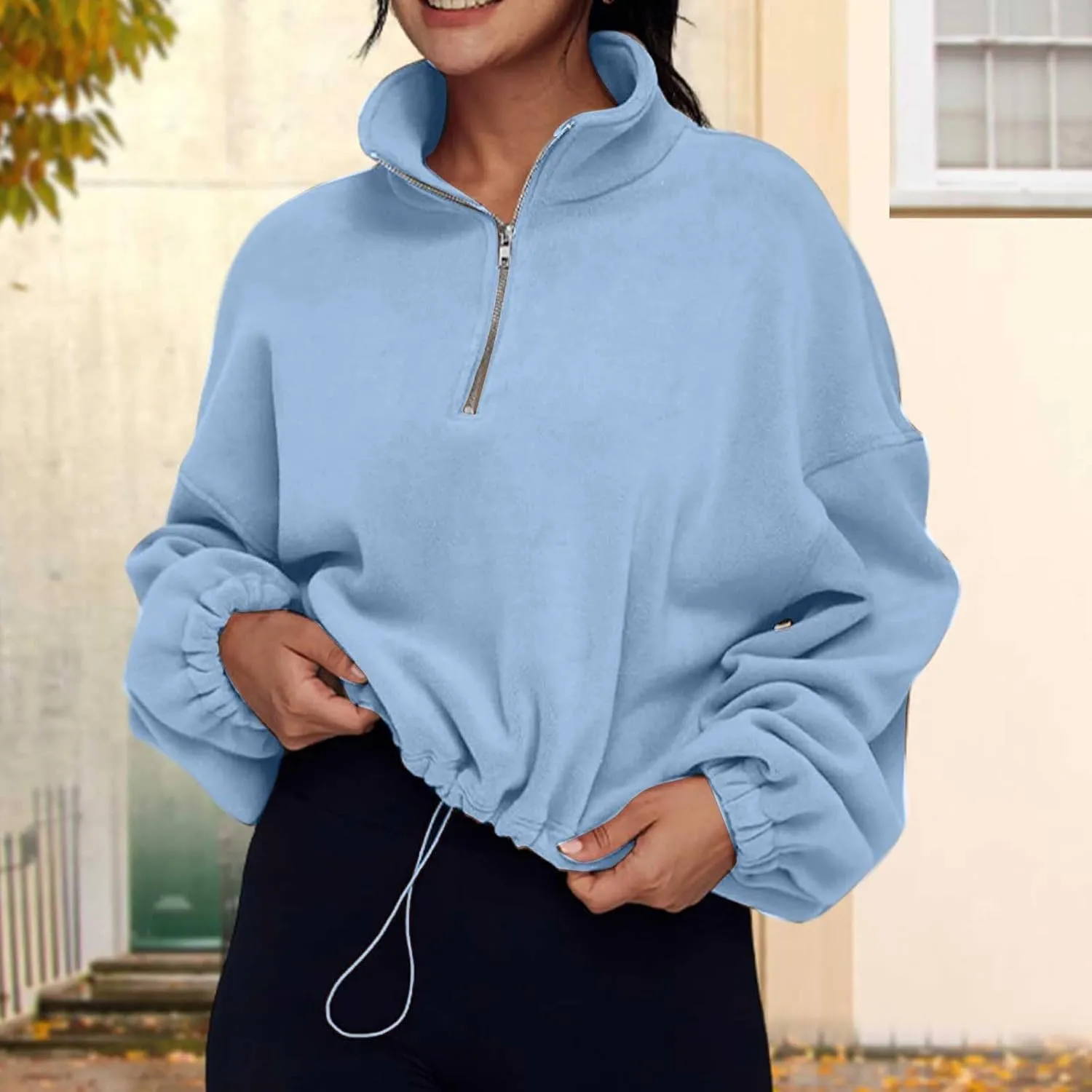 Women Quarter Zip Pullover Cropped Sweatshirts Fashion Teen Girls Y2k Fleece Fall Outfits Clothes Casual Sweatshirts