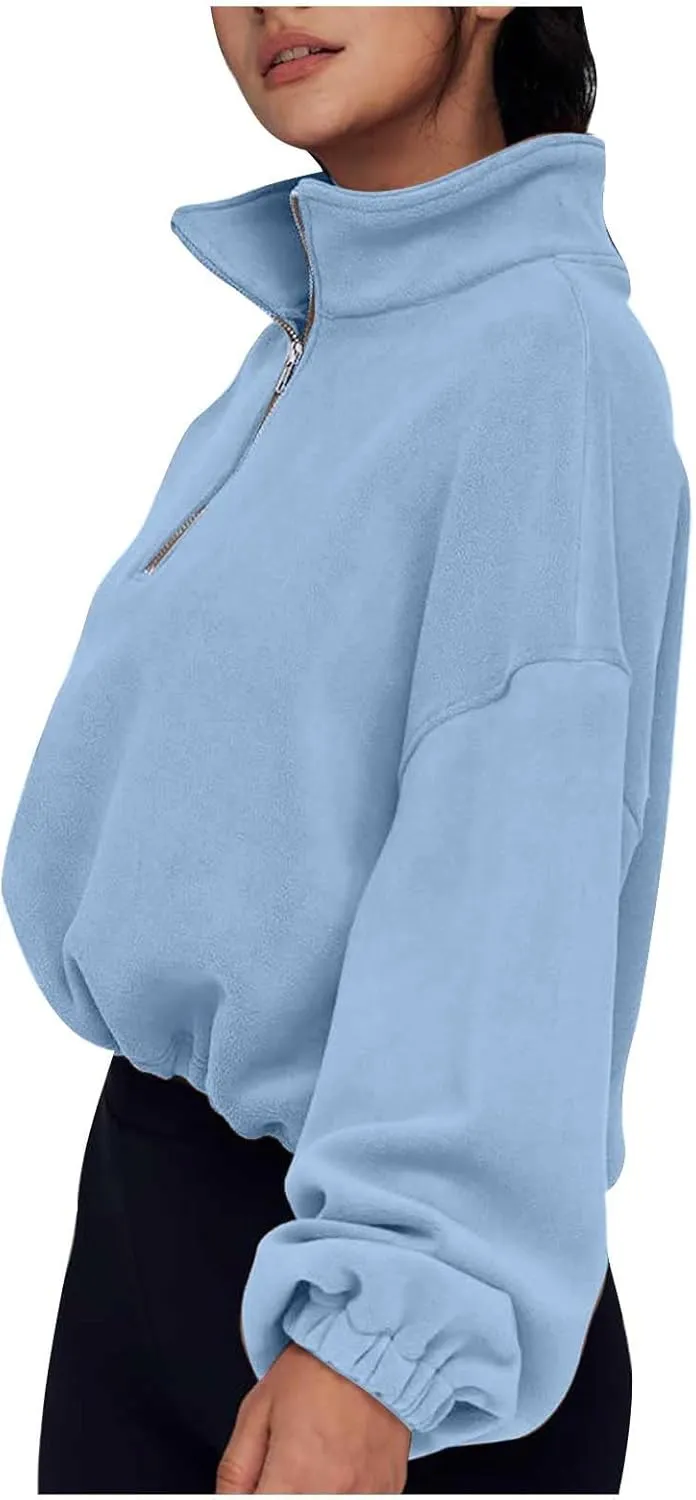 Women Quarter Zip Pullover Cropped Sweatshirts Fashion Teen Girls Y2k Fleece Fall Outfits Clothes Casual Sweatshirts