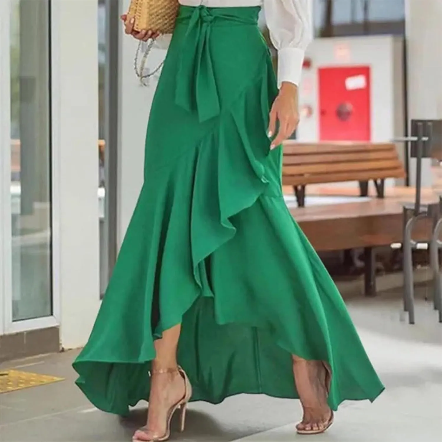 Women Ruffle Wrap Skirt Tie Waist Boho High Low Asymmetrical Maxi Beach Skirt Fishtail Long Casual Loose Flowy Skirt