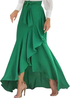 Women Ruffle Wrap Skirt Tie Waist Boho High Low Asymmetrical Maxi Beach Skirt Fishtail Long Casual Loose Flowy Skirt