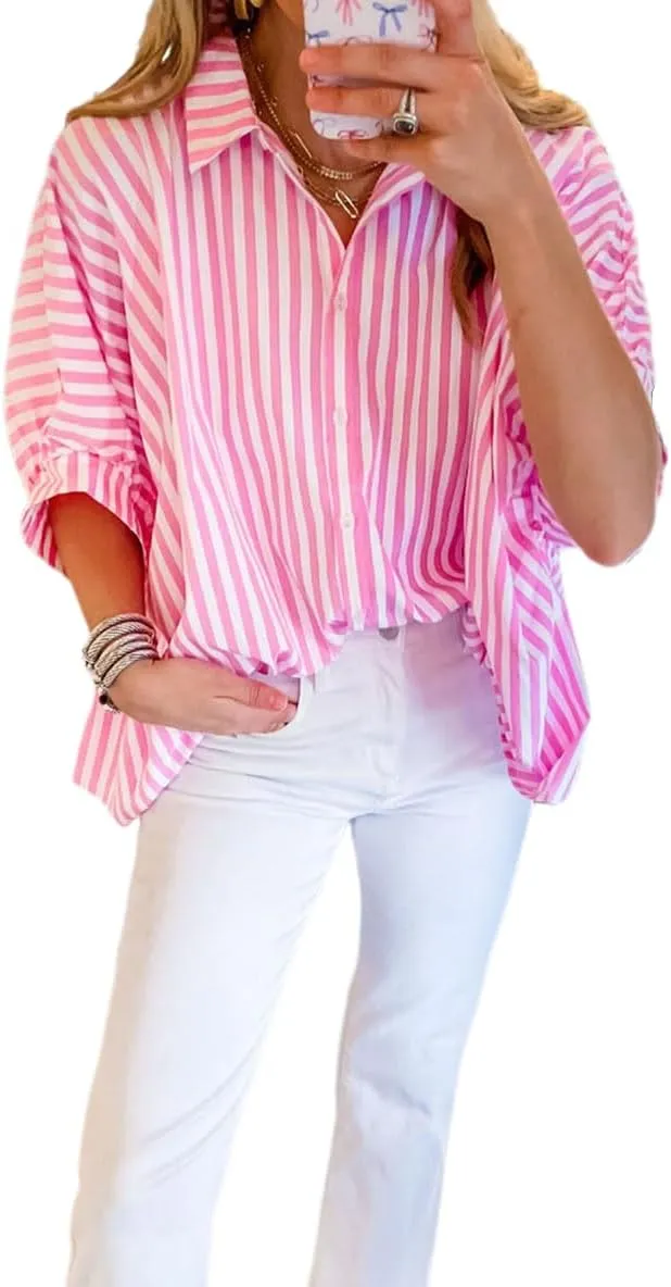 Women Stripe Splicing Bat Sleeve Oversize Sunscreen T Shirt 2024 New Fshion Casual Tops