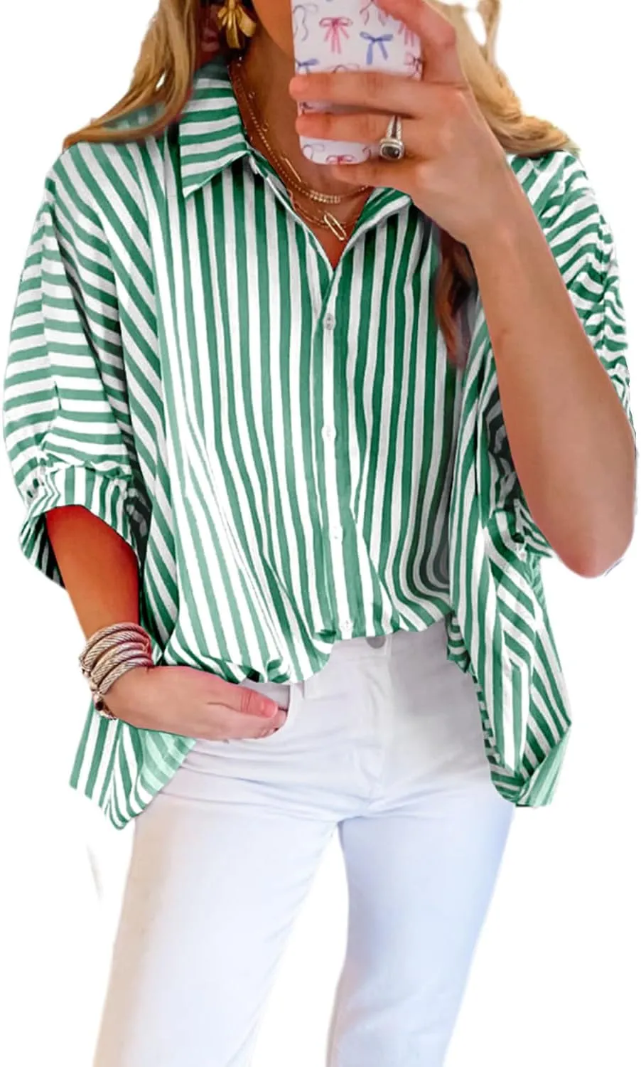 Women Stripe Splicing Bat Sleeve Oversize Sunscreen T Shirt 2024 New Fshion Casual Tops
