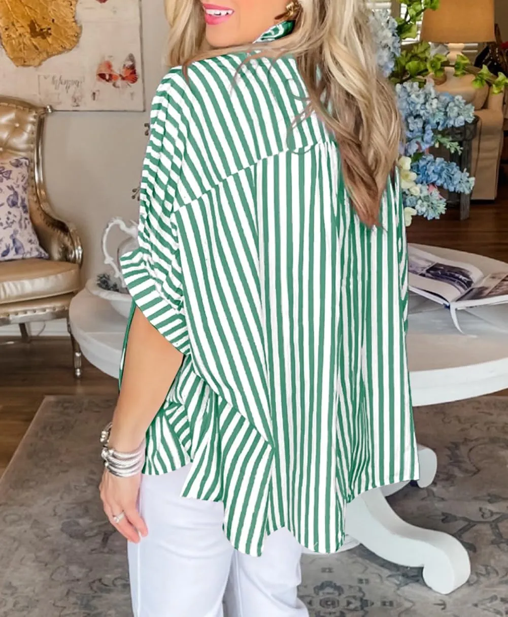 Women Stripe Splicing Bat Sleeve Oversize Sunscreen T Shirt 2024 New Fshion Casual Tops