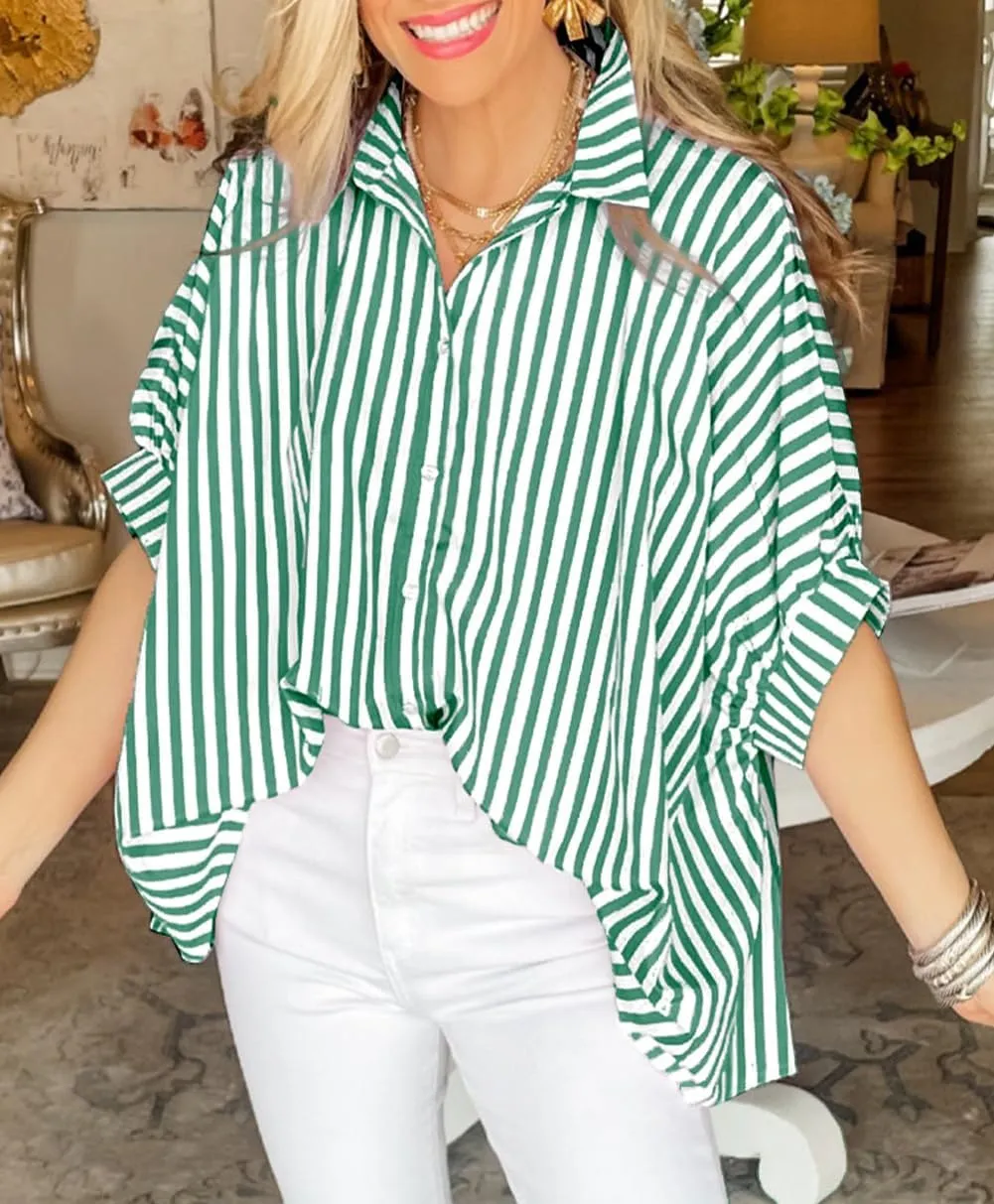 Women Stripe Splicing Bat Sleeve Oversize Sunscreen T Shirt 2024 New Fshion Casual Tops