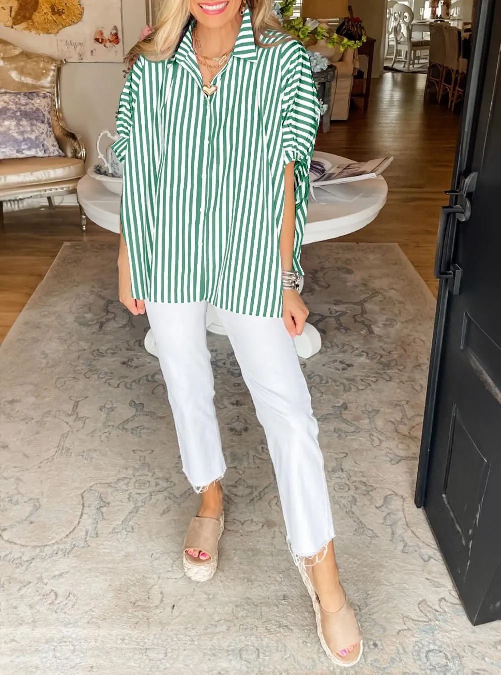 Women Stripe Splicing Bat Sleeve Oversize Sunscreen T Shirt 2024 New Fshion Casual Tops