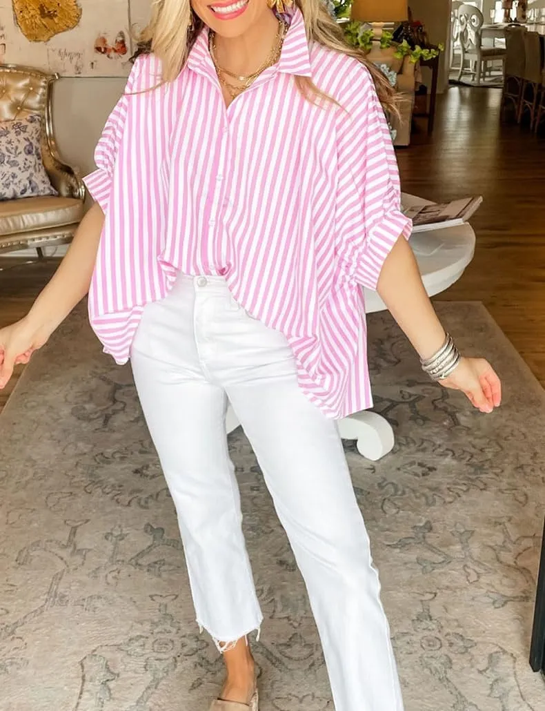 Women Stripe Splicing Bat Sleeve Oversize Sunscreen T Shirt 2024 New Fshion Casual Tops
