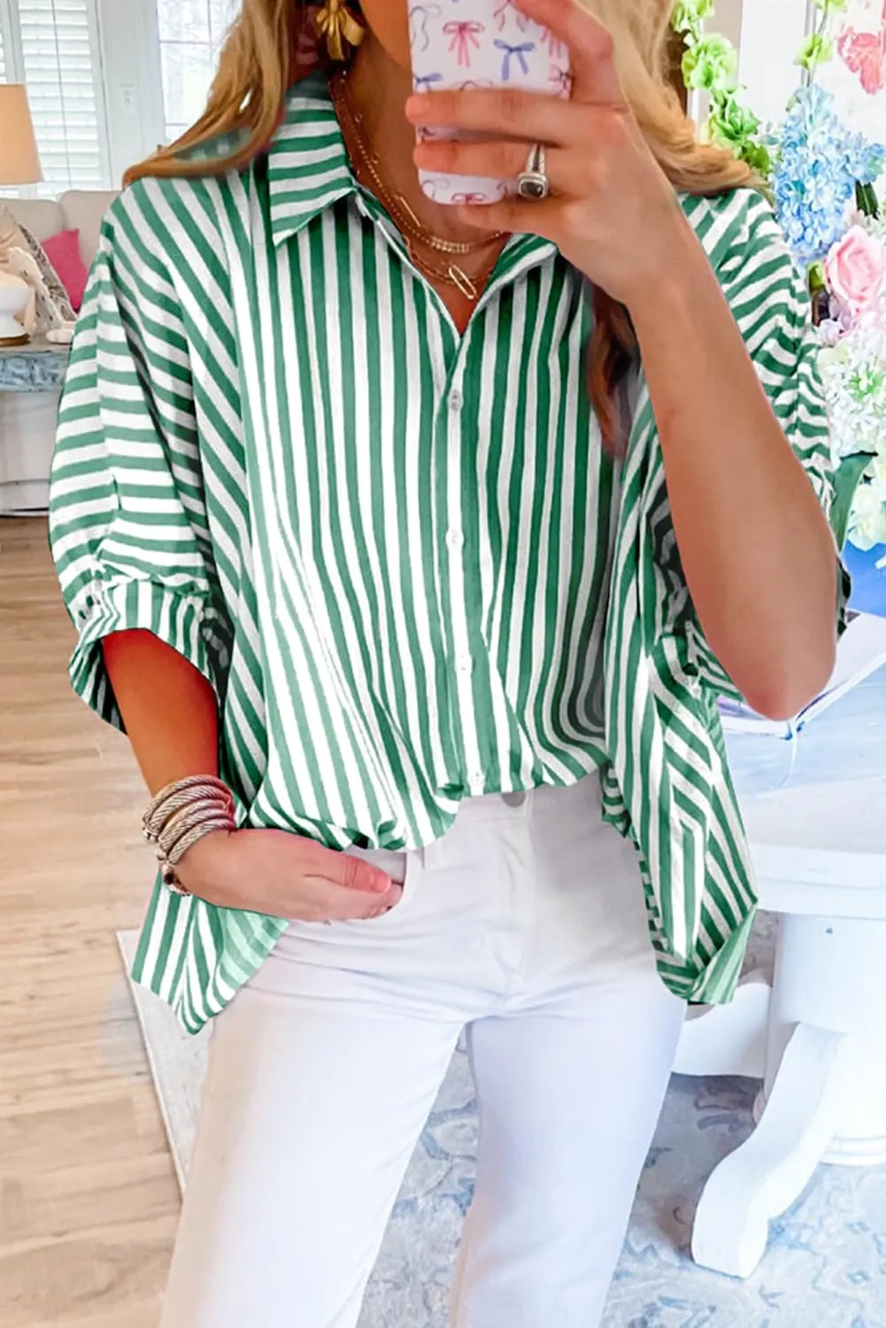 Women Stripe Splicing Bat Sleeve Oversize Sunscreen T Shirt 2024 New Fshion Casual Tops