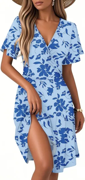 Women Summer Dresses 2025 Short Sleeve V Neck Tiered Ruffle Boho Swing Dress A-Line Floral Mini Dresses