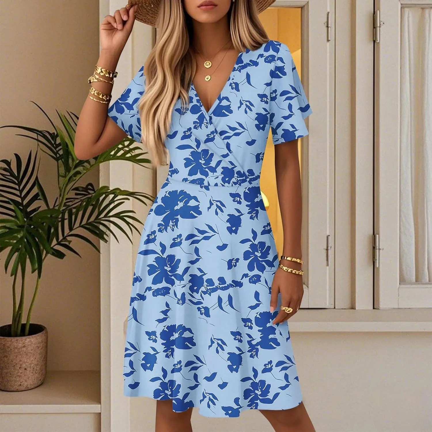 Women Summer Dresses 2025 Short Sleeve V Neck Tiered Ruffle Boho Swing Dress A-Line Floral Mini Dresses