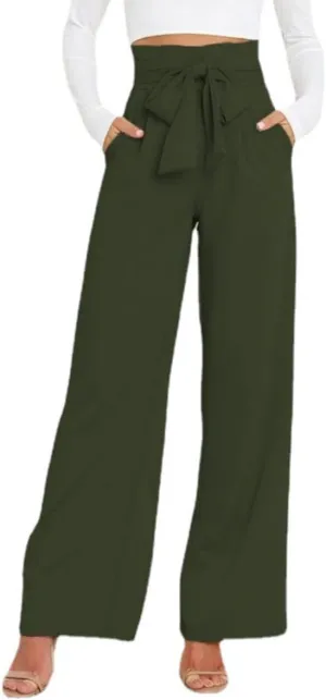 Women Wide Leg Lounge Pants Business Casual High Waist Adjustable Tie Knot Straight Leg Trousers with Pockets