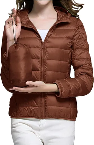Women Winter Jackets Plus Size Packable Quilted Puffer Parka Coat Full Zip Hooded Down Jacket Outerwear with Hood