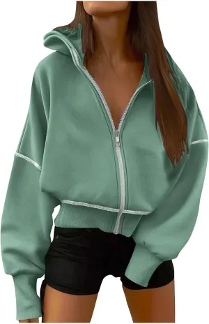 Women Y2K Cropped Hoodie Jackets Zip Up Drop Shoulder Long Sleeve Outwear Winter Casual Loose Fit Fleece Sweatshirt