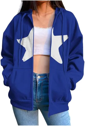 Women Y2k Zip Up Hoodie Star Print Oversized Hooded Jackets Casual Long Sleeve Aesthetic Fleece Sweatshirt Outwear