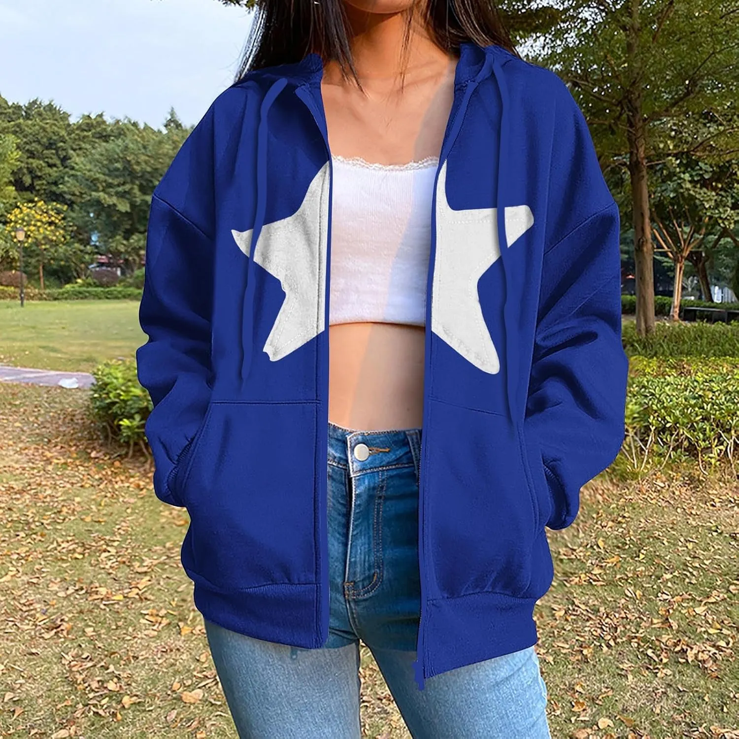 Women Y2k Zip Up Hoodie Star Print Oversized Hooded Jackets Casual Long Sleeve Aesthetic Fleece Sweatshirt Outwear
