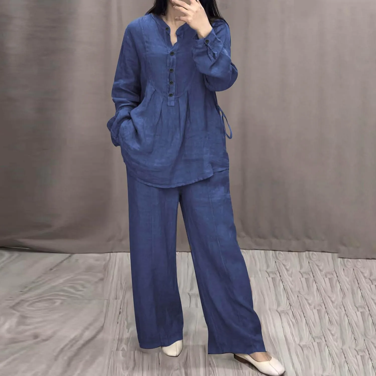 Women's 2 Piece Outfits Linen Long Sleeve Stand Collar Button Ruffle Shirt Top and Wide Leg Pants Lounge Matching Set