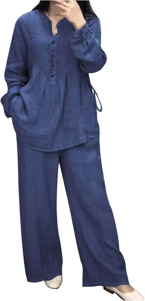 Women's 2 Piece Outfits Linen Long Sleeve Stand Collar Button Ruffle Shirt Top and Wide Leg Pants Lounge Matching Set