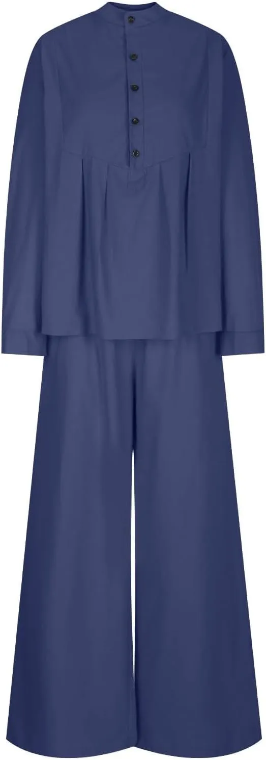 Women's 2 Piece Outfits Linen Long Sleeve Stand Collar Button Ruffle Shirt Top and Wide Leg Pants Lounge Matching Set