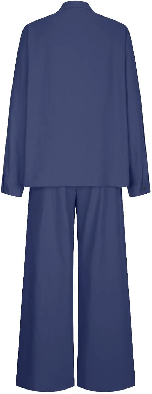 Women's 2 Piece Outfits Linen Long Sleeve Stand Collar Button Ruffle Shirt Top and Wide Leg Pants Lounge Matching Set