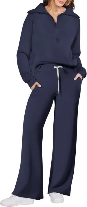Womens 2 Piece Outfits Sweatsuit Set 2023 Fall Fashion Half Zip Sweatshirt Wide Leg Sweatpant Lounge Set Tracksuit
