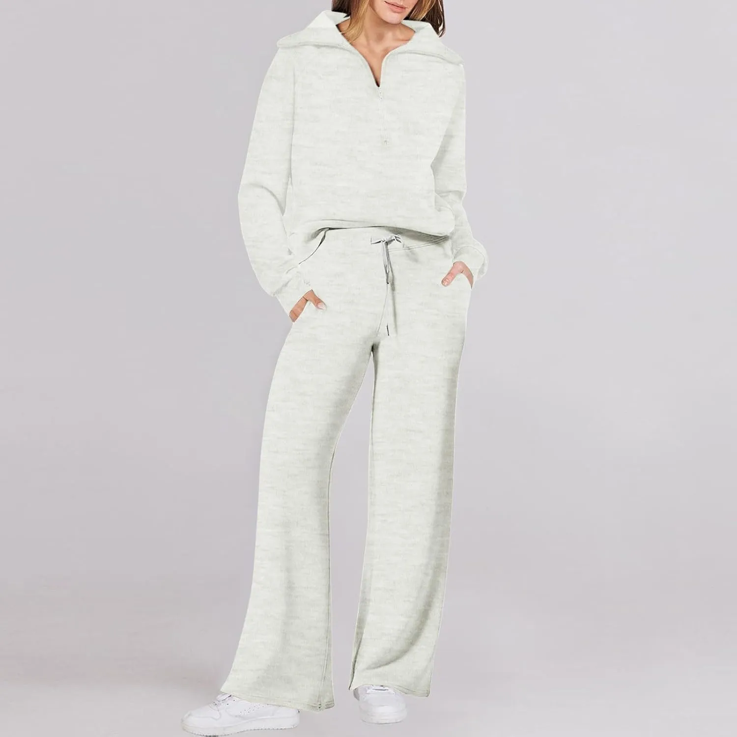 Womens 2 Piece Outfits Sweatsuit Set 2023 Fall Fashion Half Zip Sweatshirt Wide Leg Sweatpant Lounge Set Tracksuit