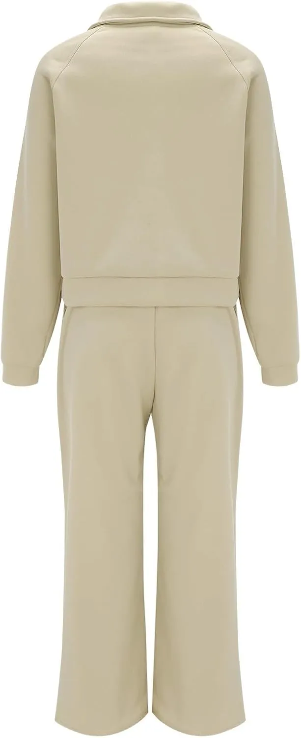 Womens 2 Piece Outfits Sweatsuit Set 2023 Fall Fashion Half Zip Sweatshirt Wide Leg Sweatpant Lounge Set Tracksuit