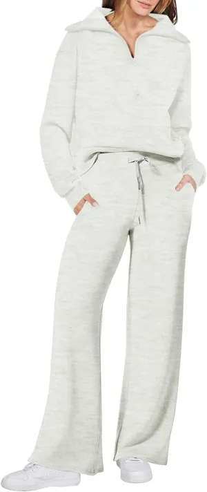Womens 2 Piece Outfits Sweatsuit Set 2023 Fall Fashion Half Zip Sweatshirt Wide Leg Sweatpant Lounge Set Tracksuit