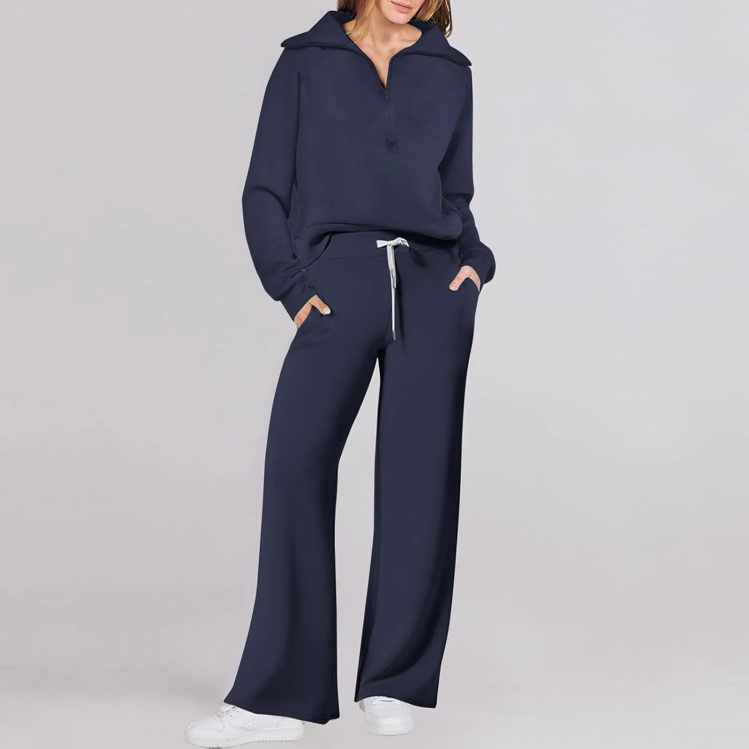 Womens 2 Piece Outfits Sweatsuit Set 2023 Fall Fashion Half Zip Sweatshirt Wide Leg Sweatpant Lounge Set Tracksuit