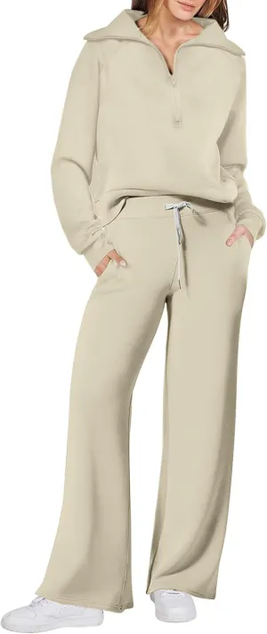 Womens 2 Piece Outfits Sweatsuit Set 2023 Fall Fashion Half Zip Sweatshirt Wide Leg Sweatpant Lounge Set Tracksuit