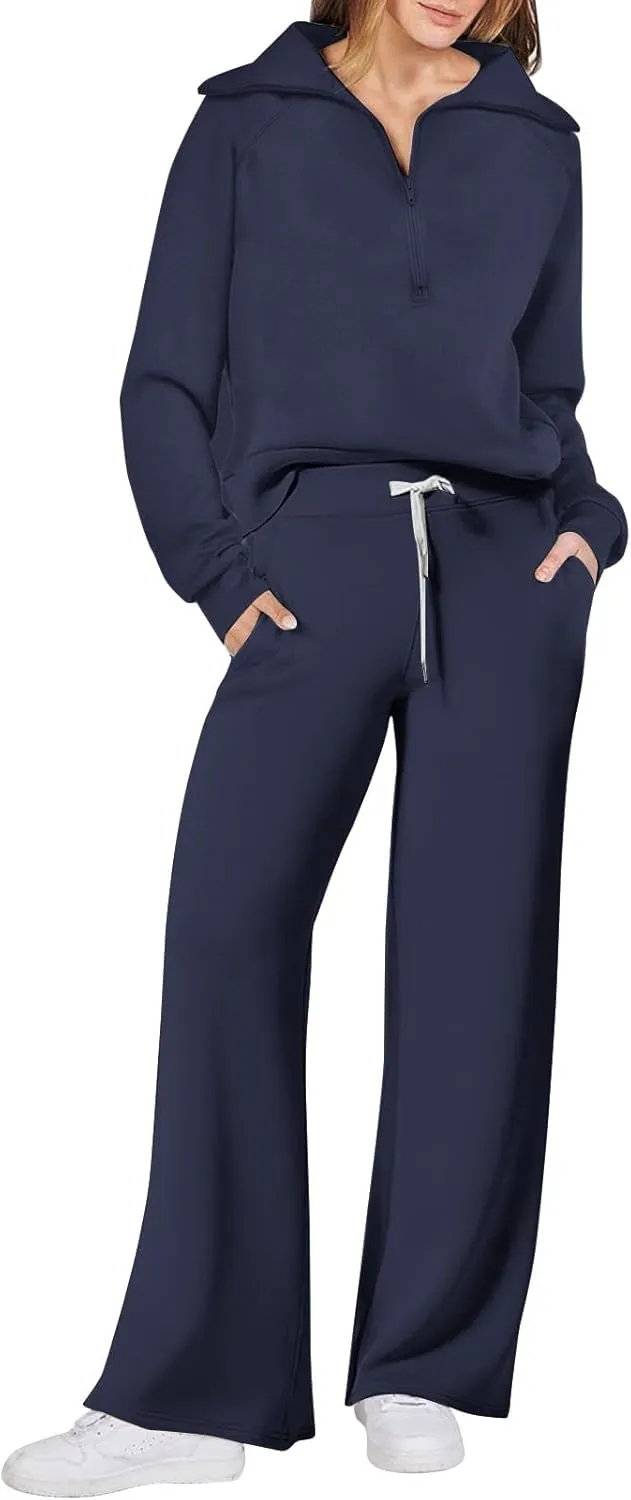 Womens 2 Piece Outfits Sweatsuit Set 2023 Fall Fashion Half Zip Sweatshirt Wide Leg Sweatpant Lounge Set Tracksuit
