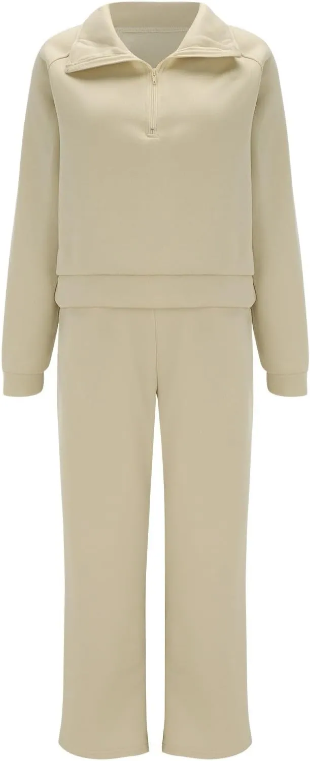 Womens 2 Piece Outfits Sweatsuit Set 2023 Fall Fashion Half Zip Sweatshirt Wide Leg Sweatpant Lounge Set Tracksuit