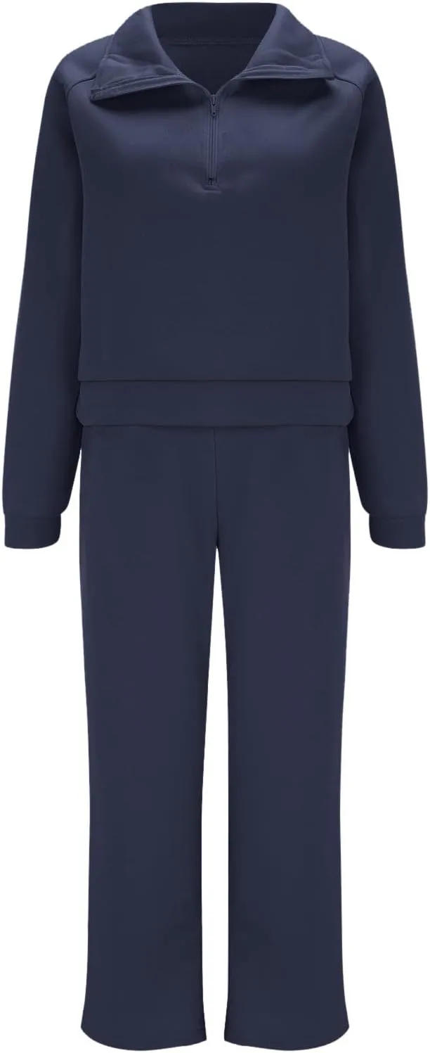 Womens 2 Piece Outfits Sweatsuit Set 2023 Fall Fashion Half Zip Sweatshirt Wide Leg Sweatpant Lounge Set Tracksuit