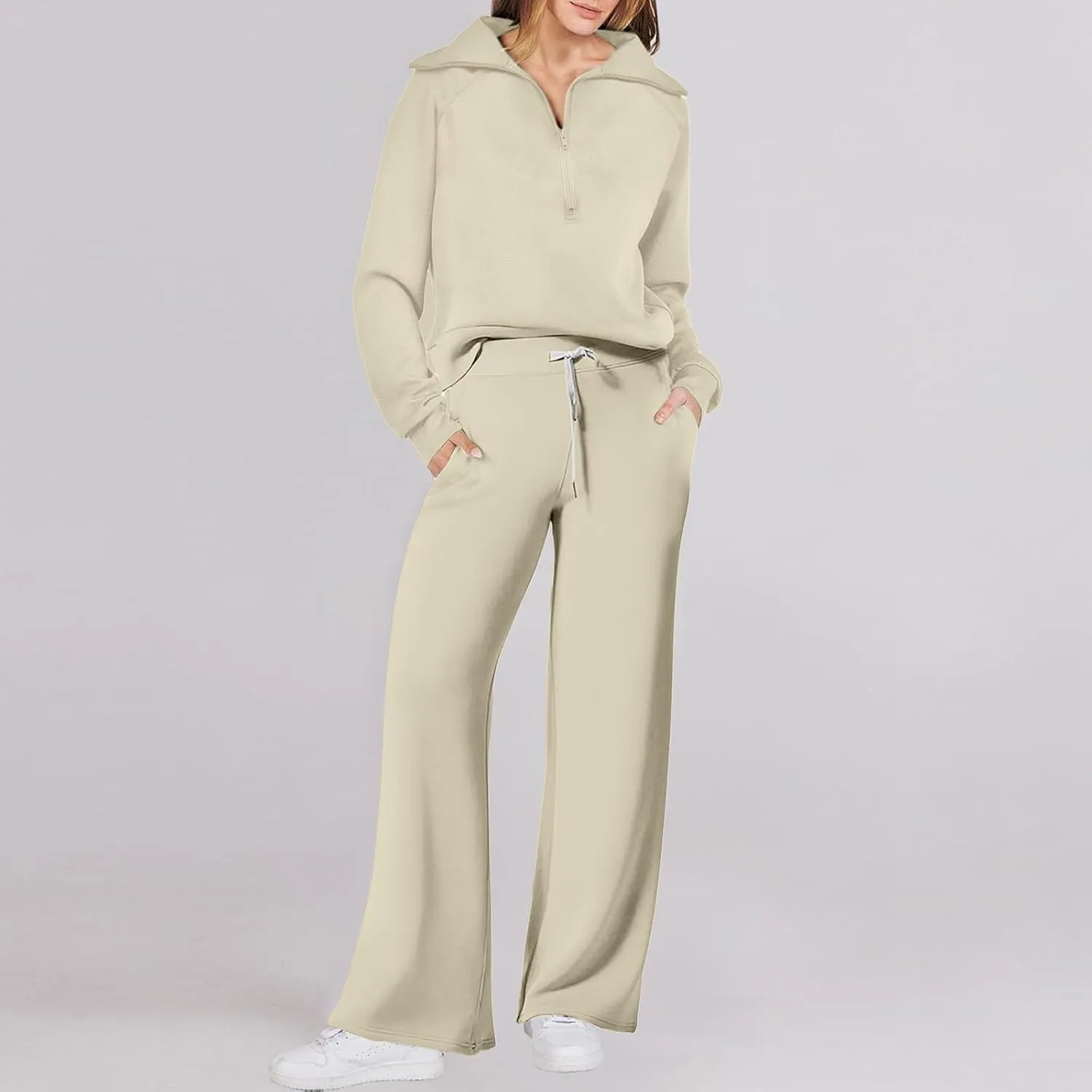 Womens 2 Piece Outfits Sweatsuit Set 2023 Fall Fashion Half Zip Sweatshirt Wide Leg Sweatpant Lounge Set Tracksuit