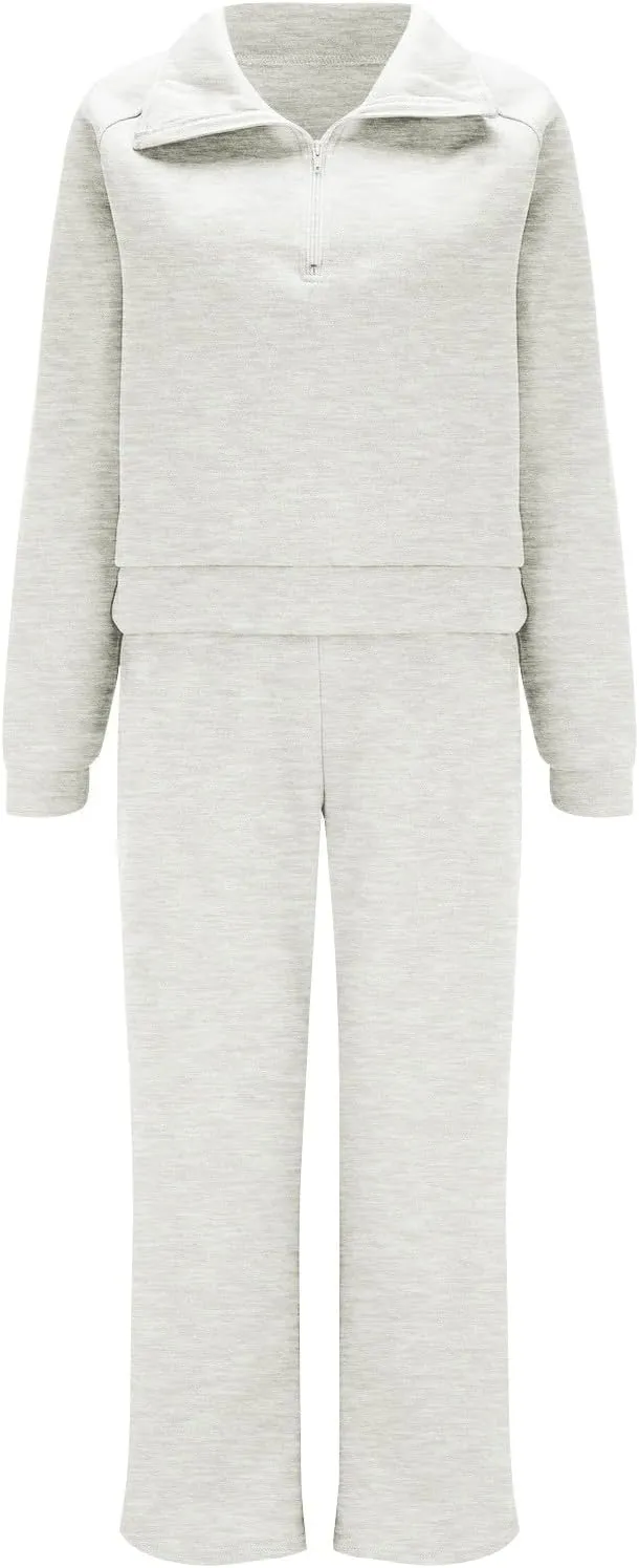 Womens 2 Piece Outfits Sweatsuit Set 2023 Fall Fashion Half Zip Sweatshirt Wide Leg Sweatpant Lounge Set Tracksuit