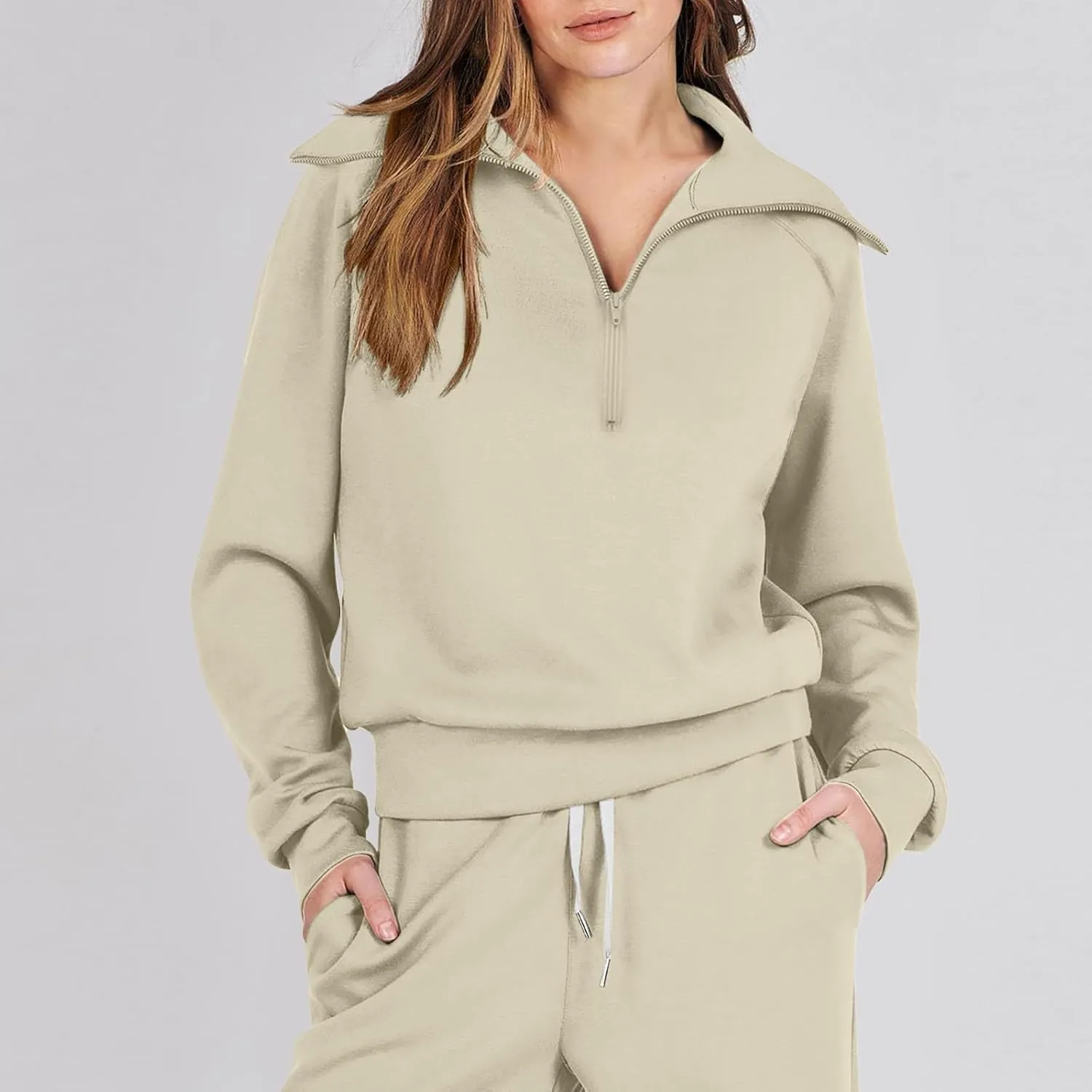 Womens 2 Piece Outfits Sweatsuit Set 2023 Fall Fashion Half Zip Sweatshirt Wide Leg Sweatpant Lounge Set Tracksuit