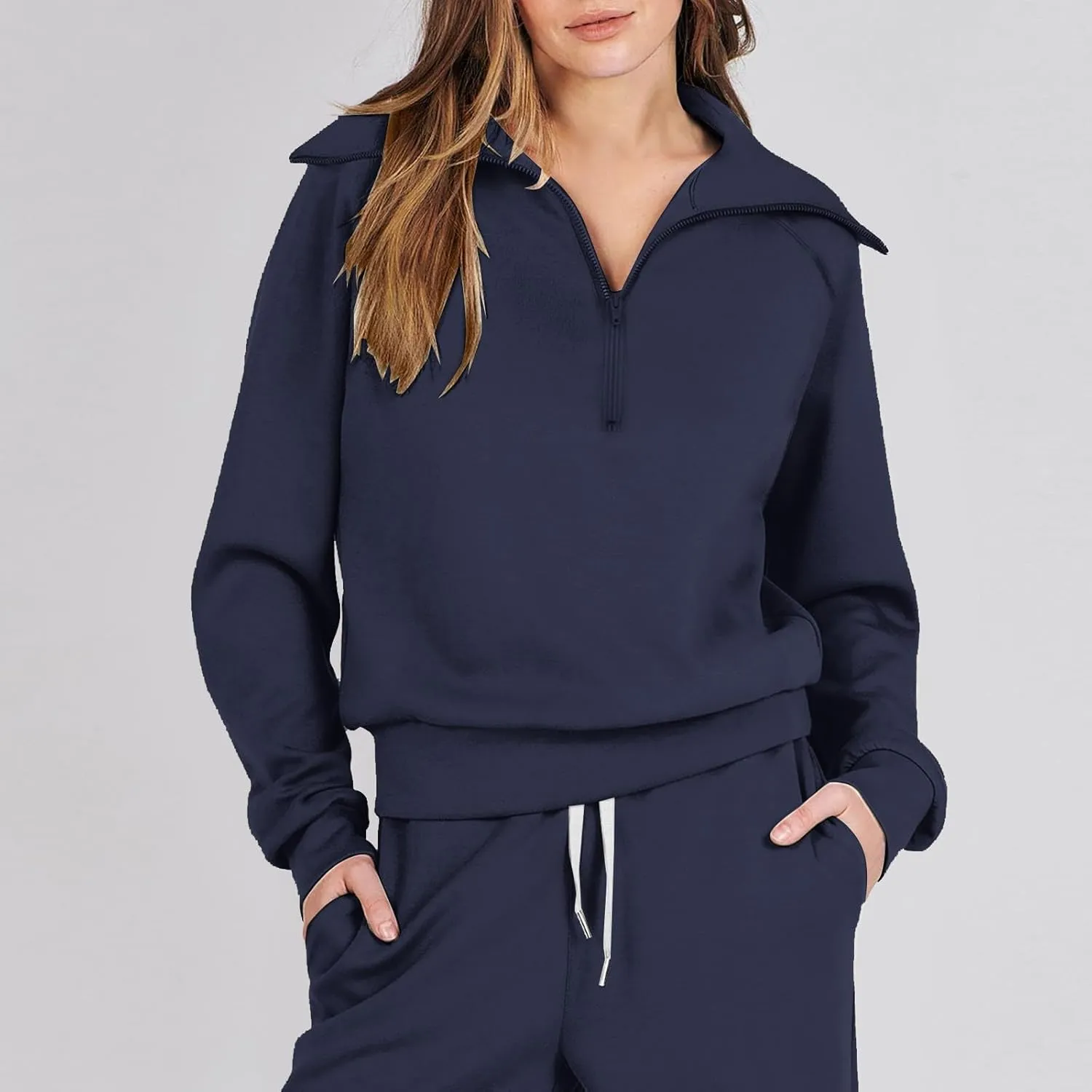 Womens 2 Piece Outfits Sweatsuit Set 2023 Fall Fashion Half Zip Sweatshirt Wide Leg Sweatpant Lounge Set Tracksuit