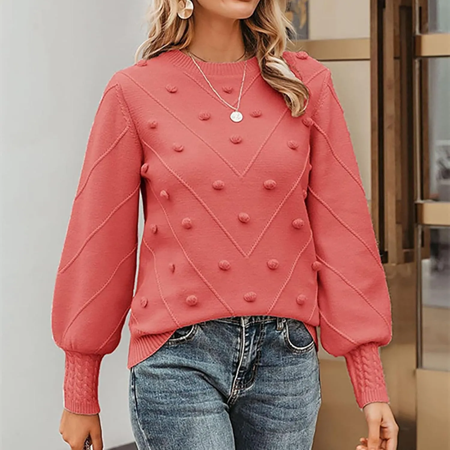 Womens 2023 Fall Trendy Sweaters Fashion Hairball Round-Neck Sweater Lantern Sleeves Knitted Pullovers Tops