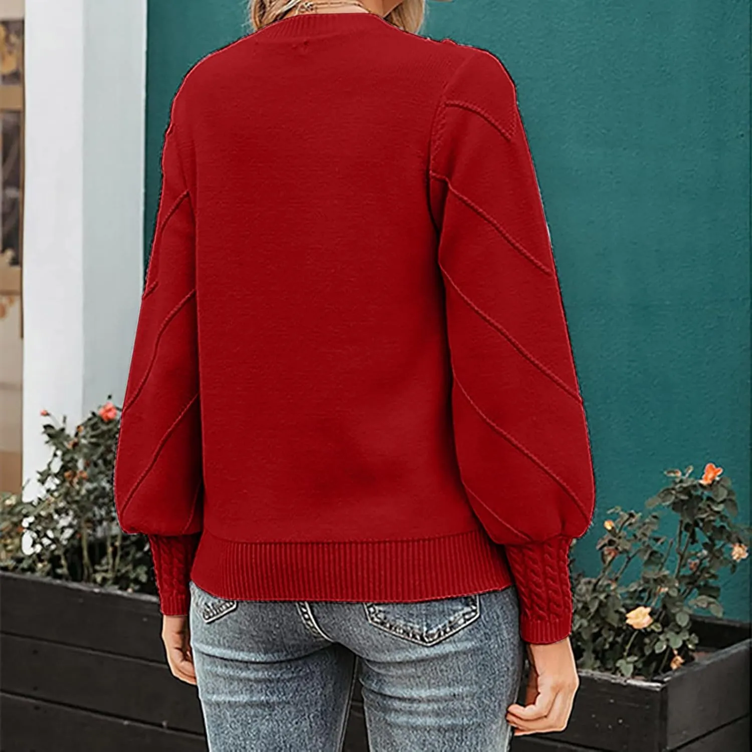 Womens 2023 Fall Trendy Sweaters Fashion Hairball Round-Neck Sweater Lantern Sleeves Knitted Pullovers Tops
