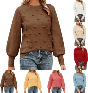 Womens 2023 Fall Trendy Sweaters Fashion Hairball Round-Neck Sweater Lantern Sleeves Knitted Pullovers Tops