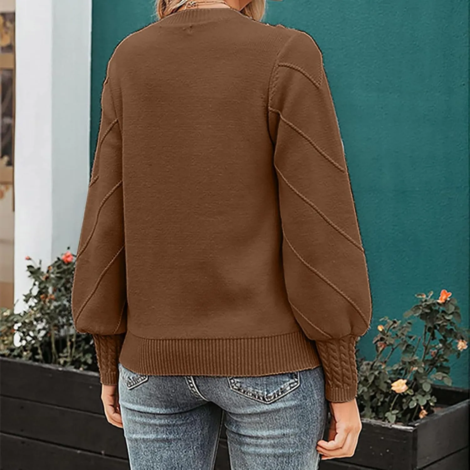 Womens 2023 Fall Trendy Sweaters Fashion Hairball Round-Neck Sweater Lantern Sleeves Knitted Pullovers Tops