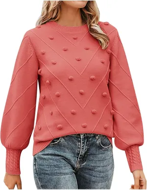 Womens 2023 Fall Trendy Sweaters Fashion Hairball Round-Neck Sweater Lantern Sleeves Knitted Pullovers Tops