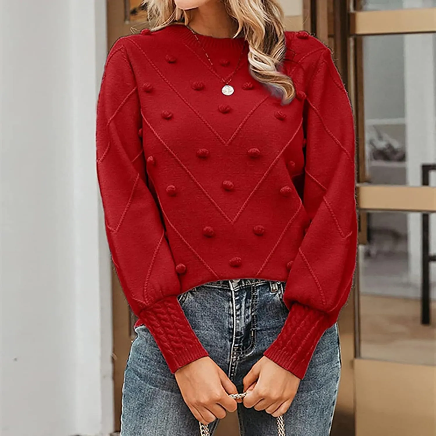Womens 2023 Fall Trendy Sweaters Fashion Hairball Round-Neck Sweater Lantern Sleeves Knitted Pullovers Tops