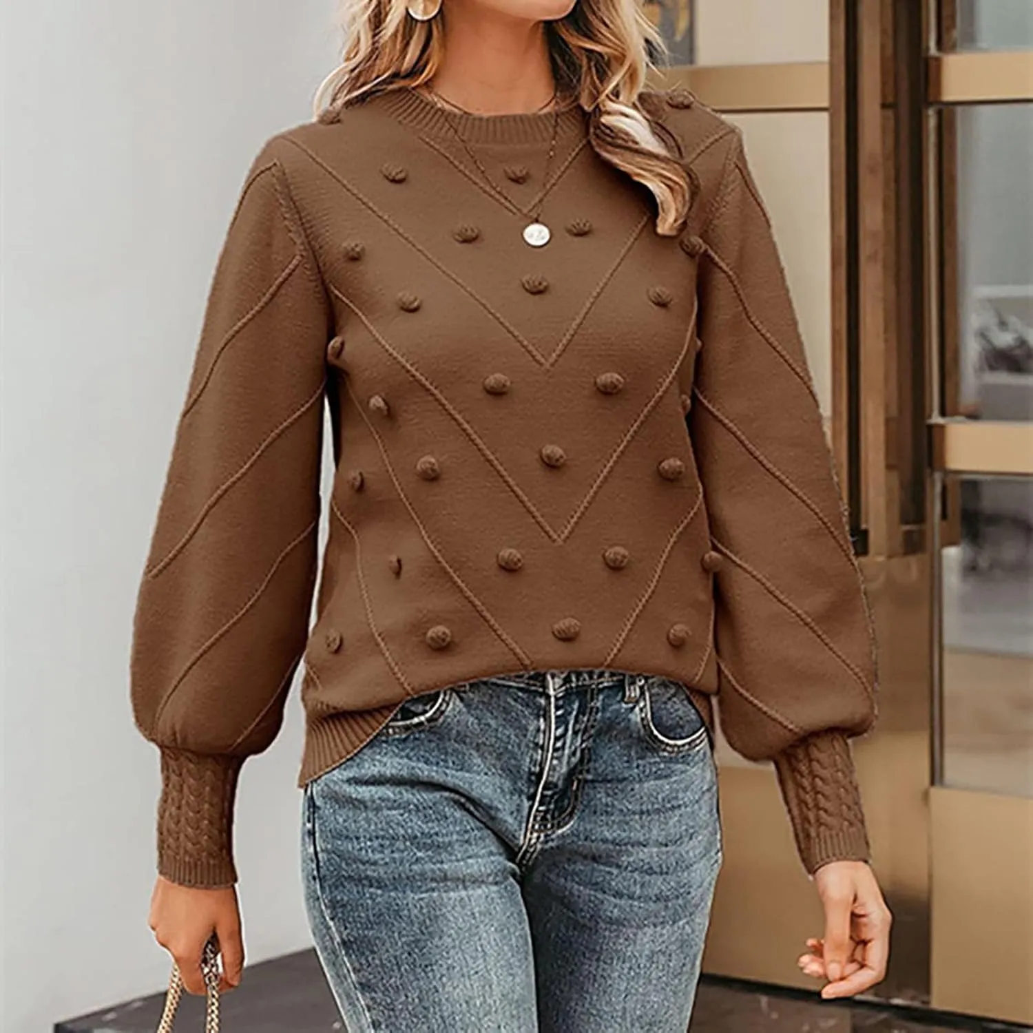 Womens 2023 Fall Trendy Sweaters Fashion Hairball Round-Neck Sweater Lantern Sleeves Knitted Pullovers Tops