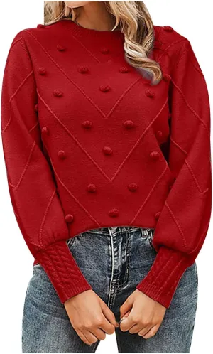 Womens 2023 Fall Trendy Sweaters Fashion Hairball Round-Neck Sweater Lantern Sleeves Knitted Pullovers Tops