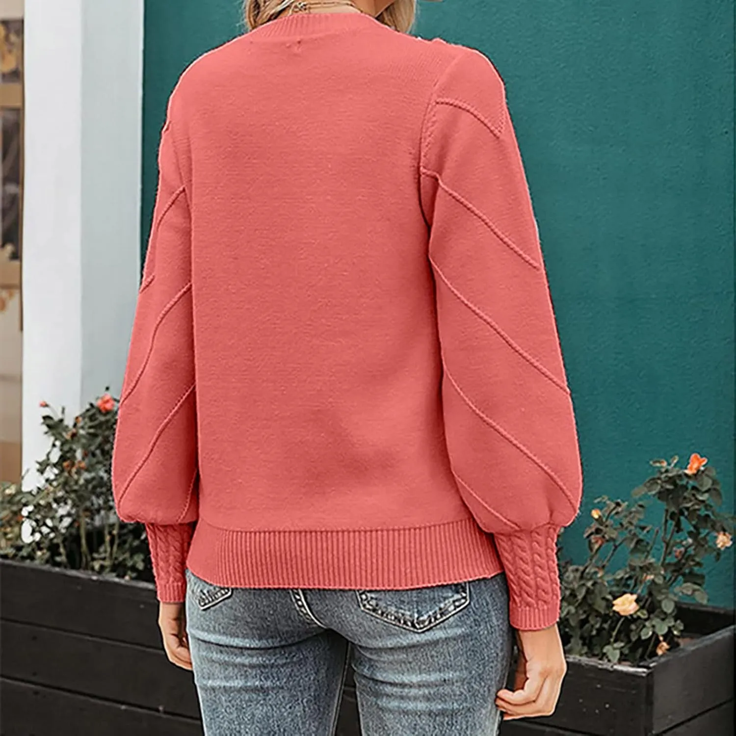 Womens 2023 Fall Trendy Sweaters Fashion Hairball Round-Neck Sweater Lantern Sleeves Knitted Pullovers Tops
