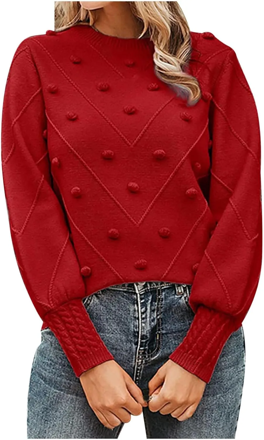 Womens 2023 Fall Trendy Sweaters Fashion Hairball Round-Neck Sweater Lantern Sleeves Knitted Pullovers Tops