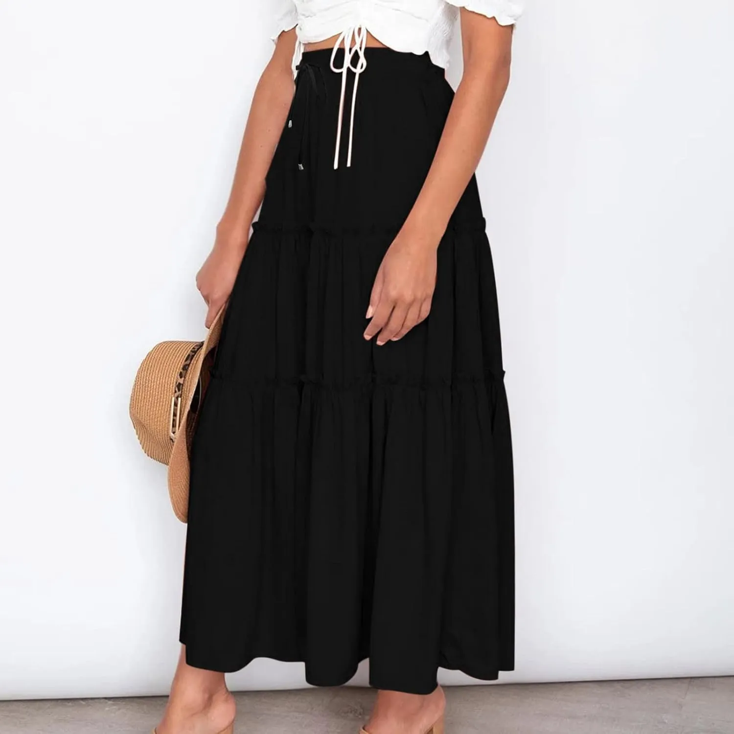 Womens 2025 Summer Long Flowy Skirt Elastic High Waist Boho Casual Maxi Skirt Tie Pleated Ruffle Tiered Skirts