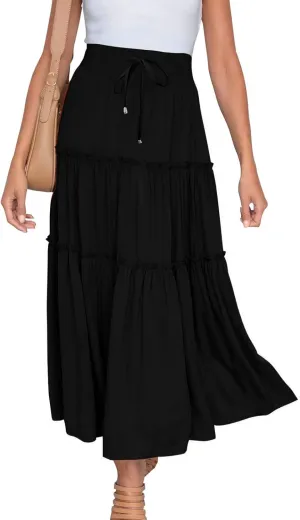 Womens 2025 Summer Long Flowy Skirt Elastic High Waist Boho Casual Maxi Skirt Tie Pleated Ruffle Tiered Skirts