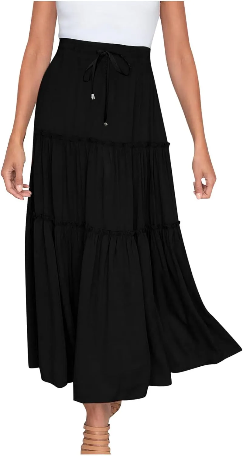 Womens 2025 Summer Long Flowy Skirt Elastic High Waist Boho Casual Maxi Skirt Tie Pleated Ruffle Tiered Skirts