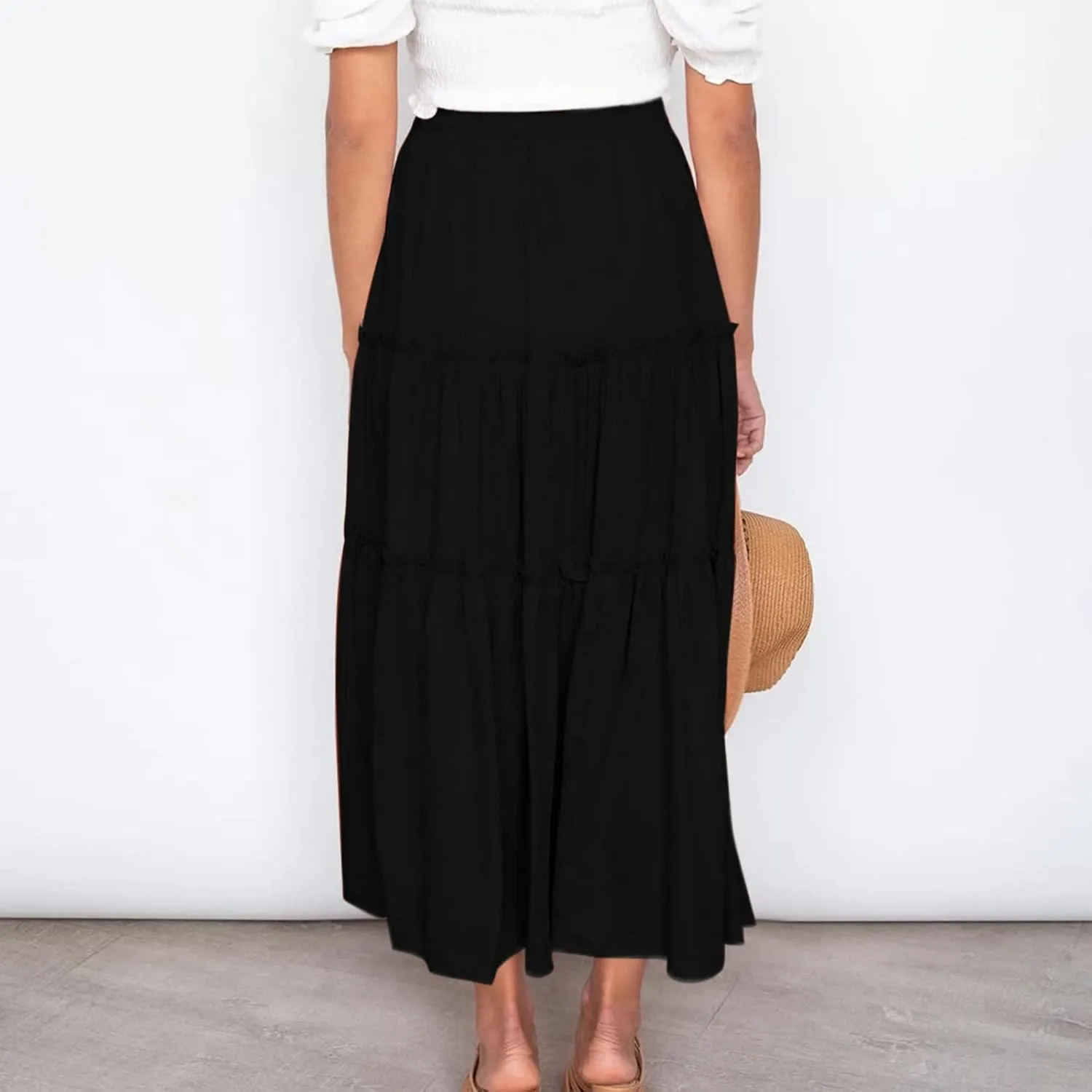 Womens 2025 Summer Long Flowy Skirt Elastic High Waist Boho Casual Maxi Skirt Tie Pleated Ruffle Tiered Skirts