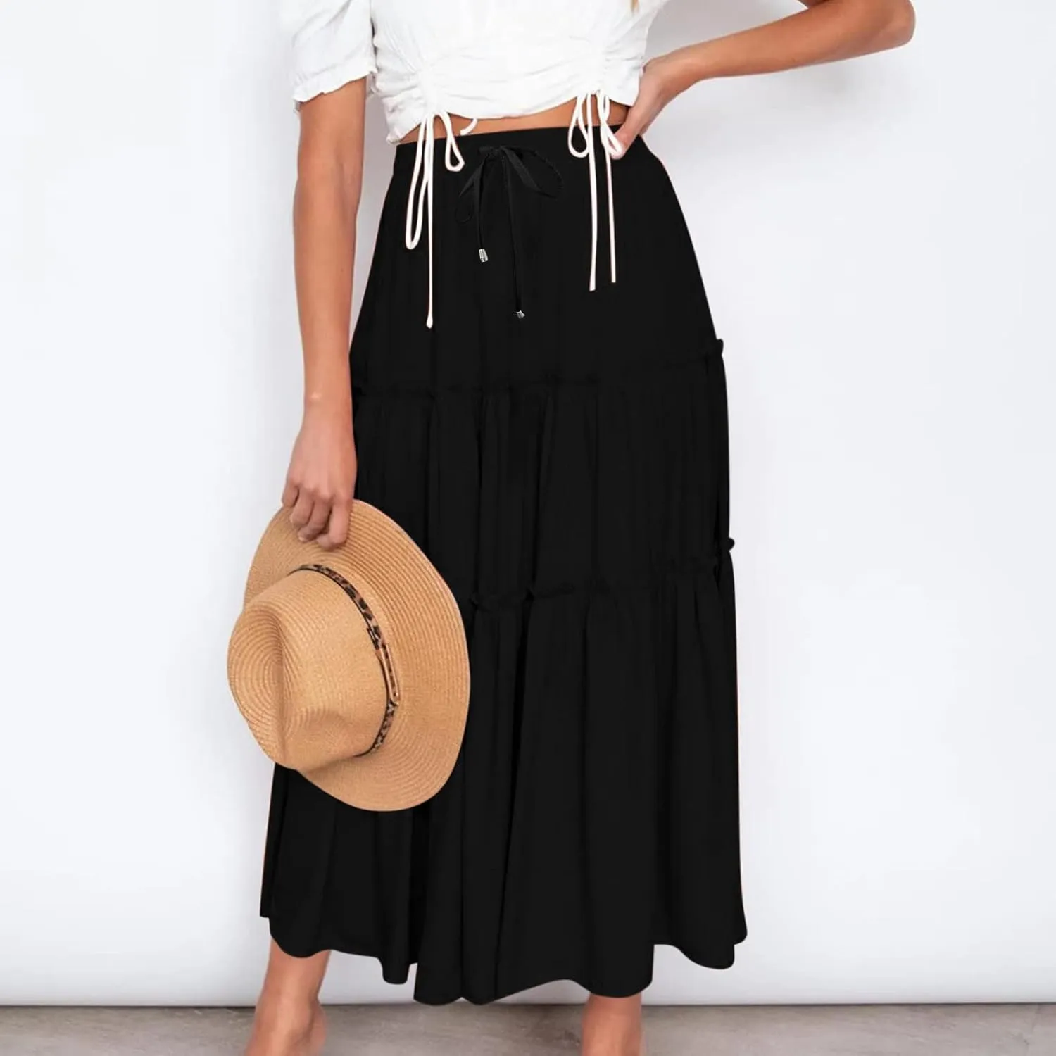 Womens 2025 Summer Long Flowy Skirt Elastic High Waist Boho Casual Maxi Skirt Tie Pleated Ruffle Tiered Skirts